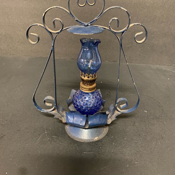 Blue Vintage-Cobalt Blue Glass Oil Lamp In Light Blue Metal Frame Accent - Picture 2 of 10